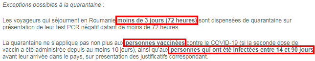 Exception a la quarantaine - Roumanie Covid