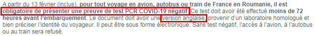 Test Covid obligatoire